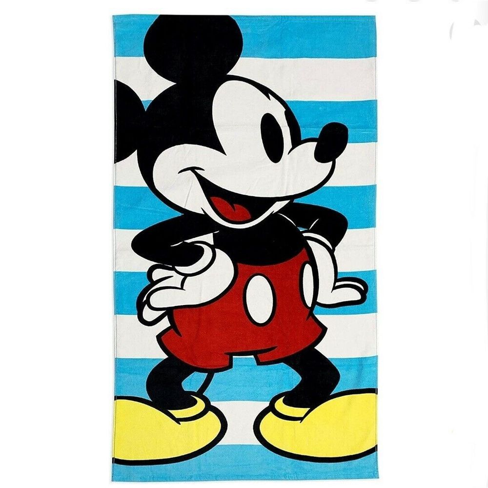 Disney Mickey Mouse Beach Towel 29"x59" Smiling Mickey‎ Blue Stripes Pool Towel